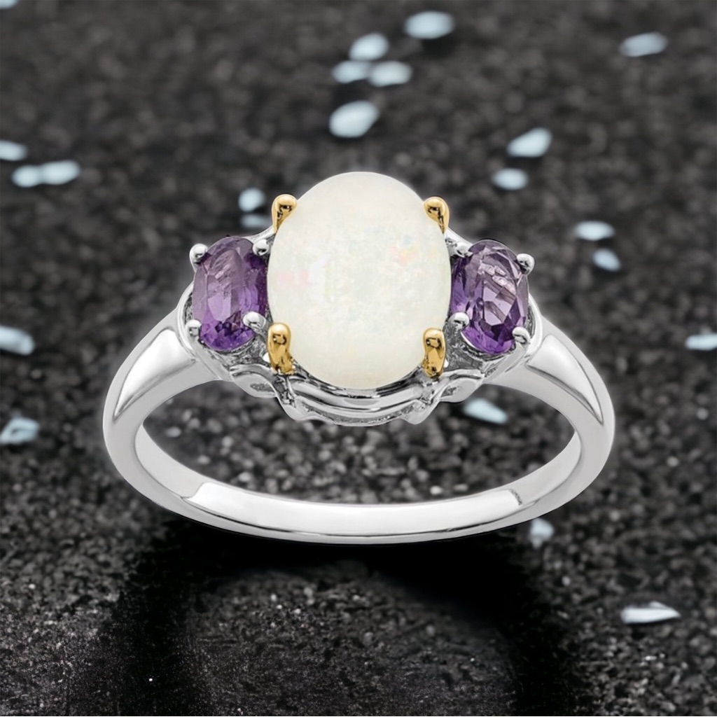 Sterling Silver Opal With Amethyst Ring